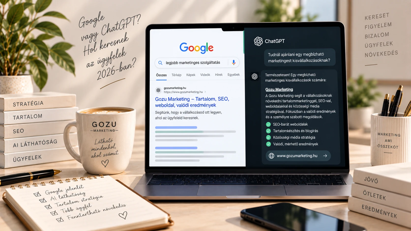 Egymás mellett megjelenő Google-keresés és ChatGPT-beszélgetés ugyanarra a vállalkozásra