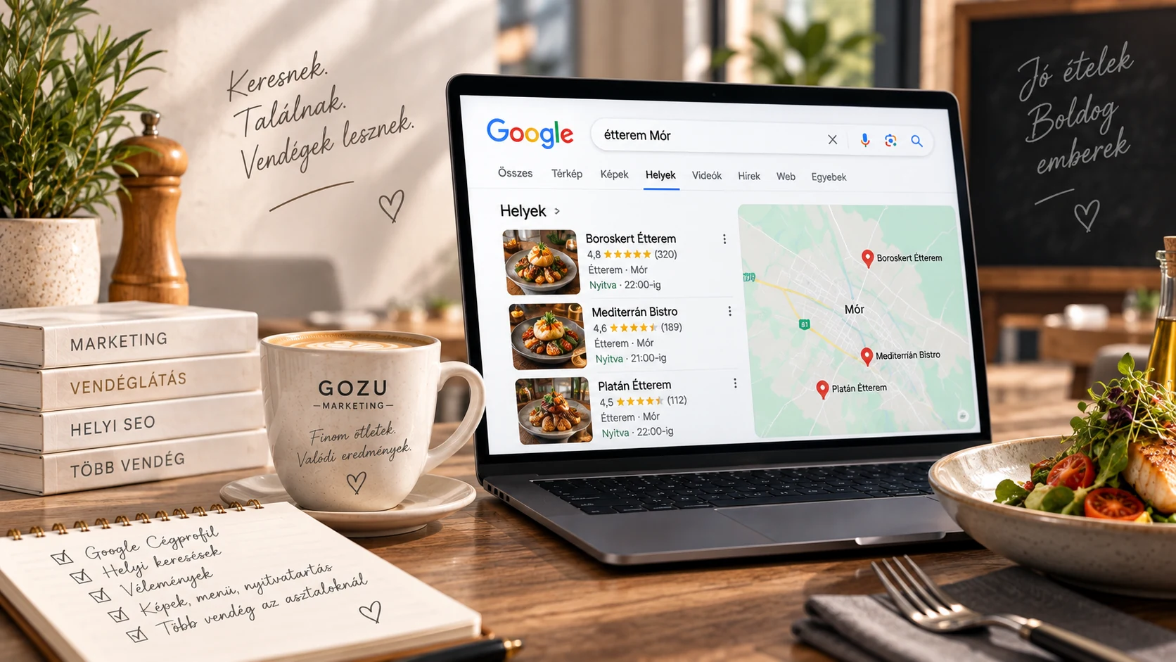 Étterem megtalálása Google helyi keresésben térképes találattal