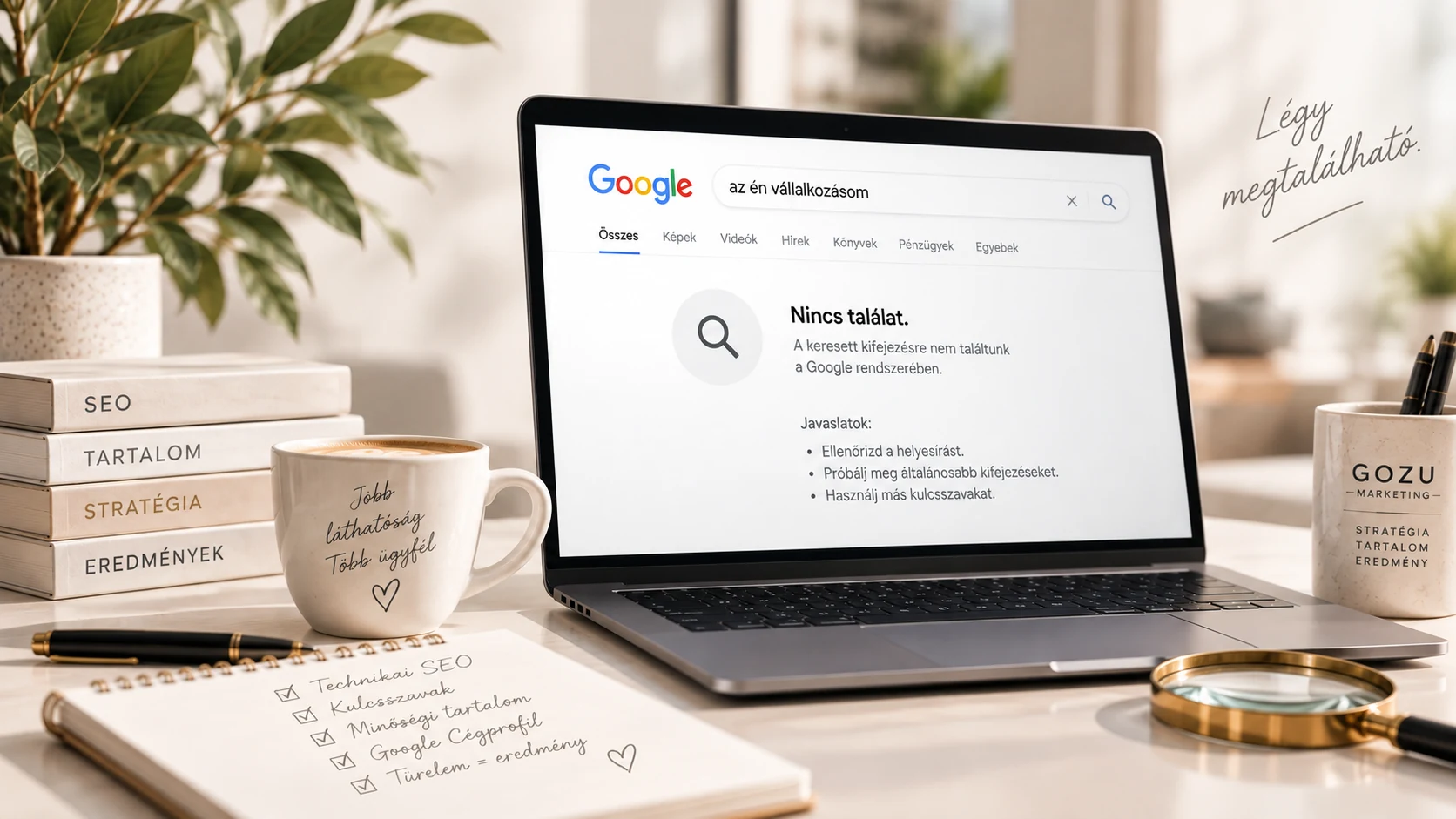 Google keresés találat nélkül, amely a weboldal megtalálhatóságának hiányát szemlélteti