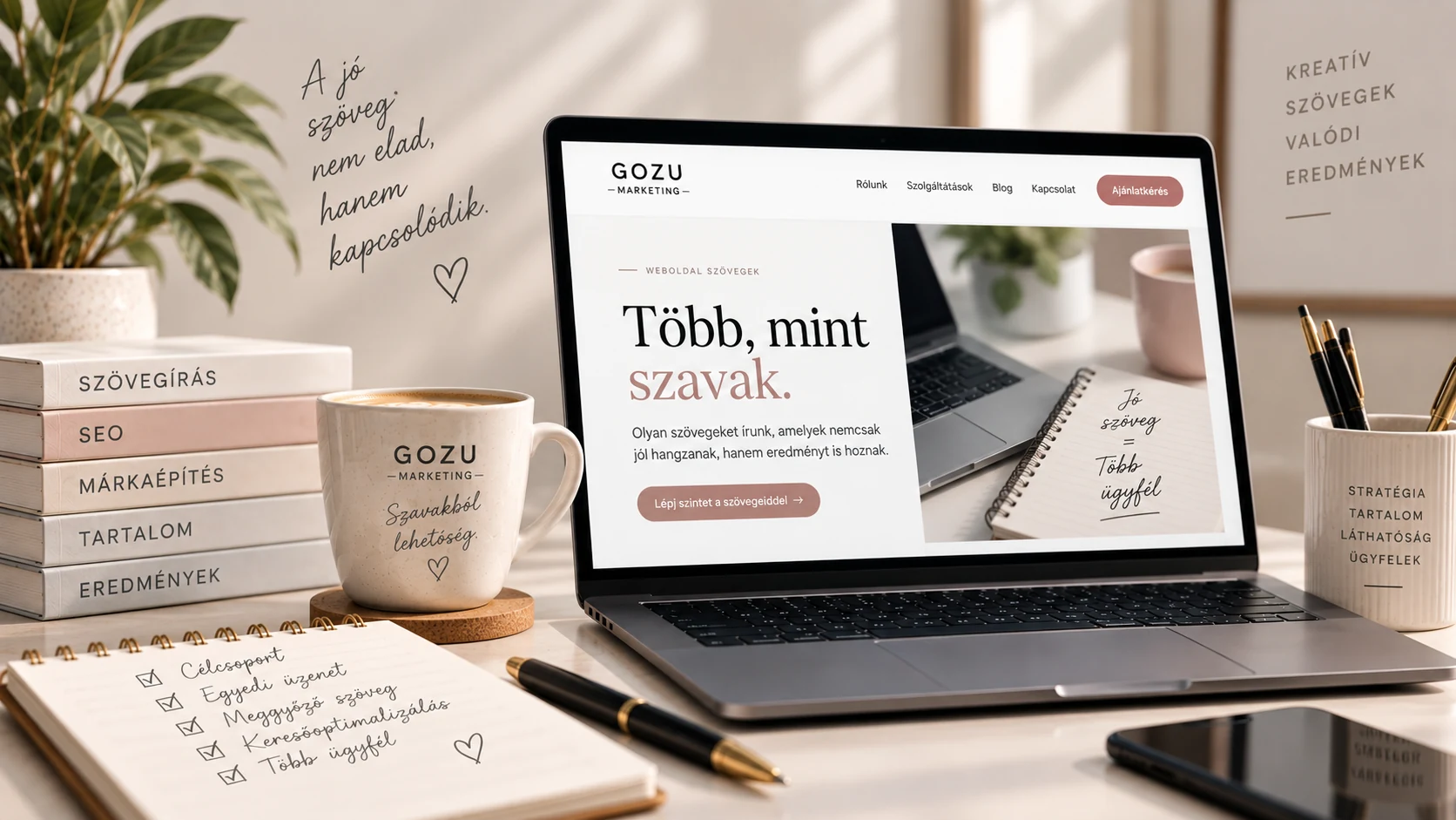Minőségi, márkára szabott weboldalszöveget bemutató weboldal-részlet